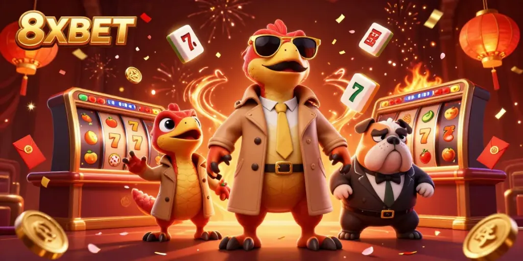 Experience the lively action with 8XBET as cartoon raptors attempt a daring entrance to a VIP casino lounge.