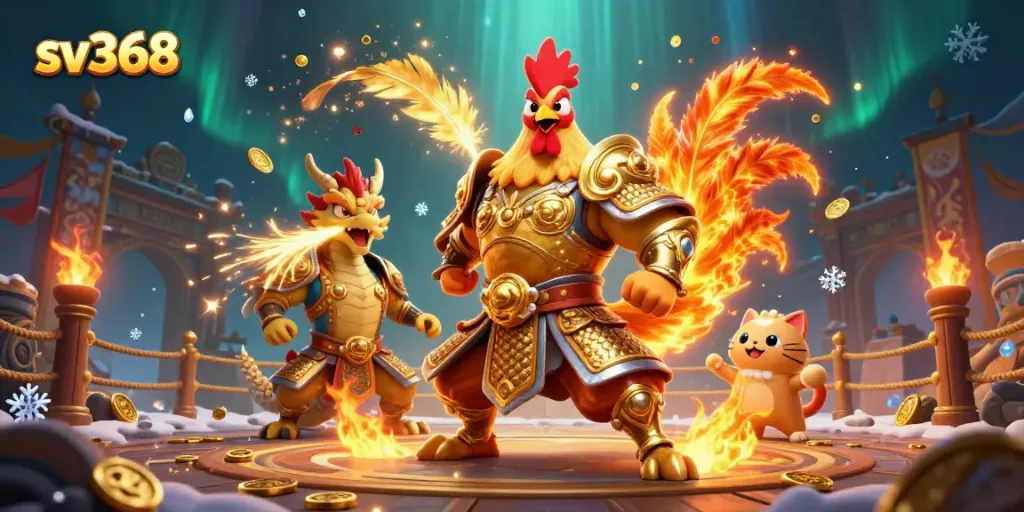 Experience thrilling action at sv368 with a fiery rooster warrior and dragon in an epic fighting scene.