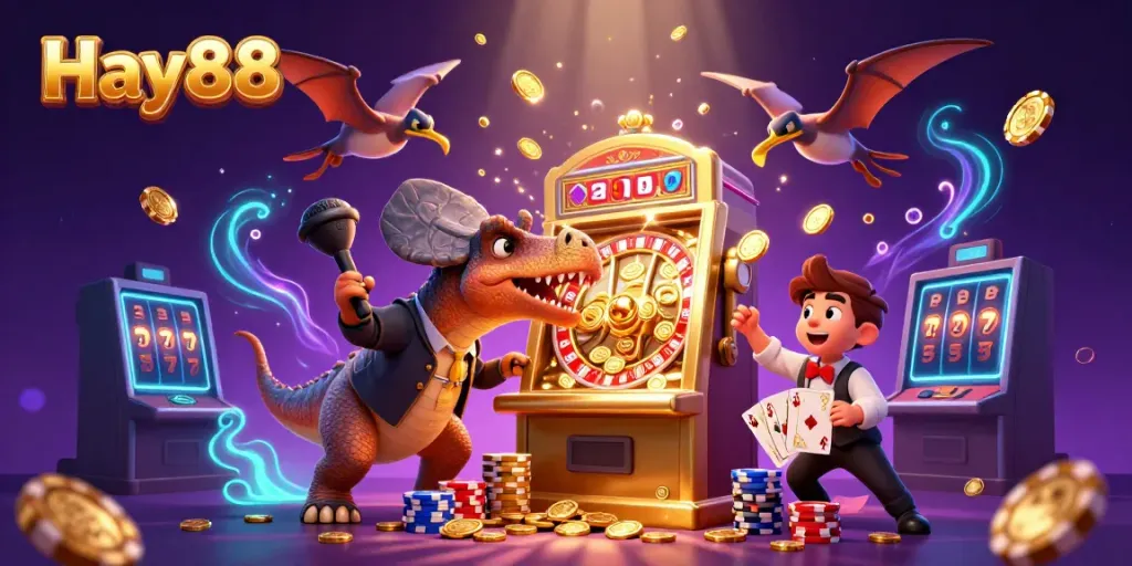 Experience exhilarating wins with Hay88's 3D cartoon scene of dinosaurs and jackpot coins.