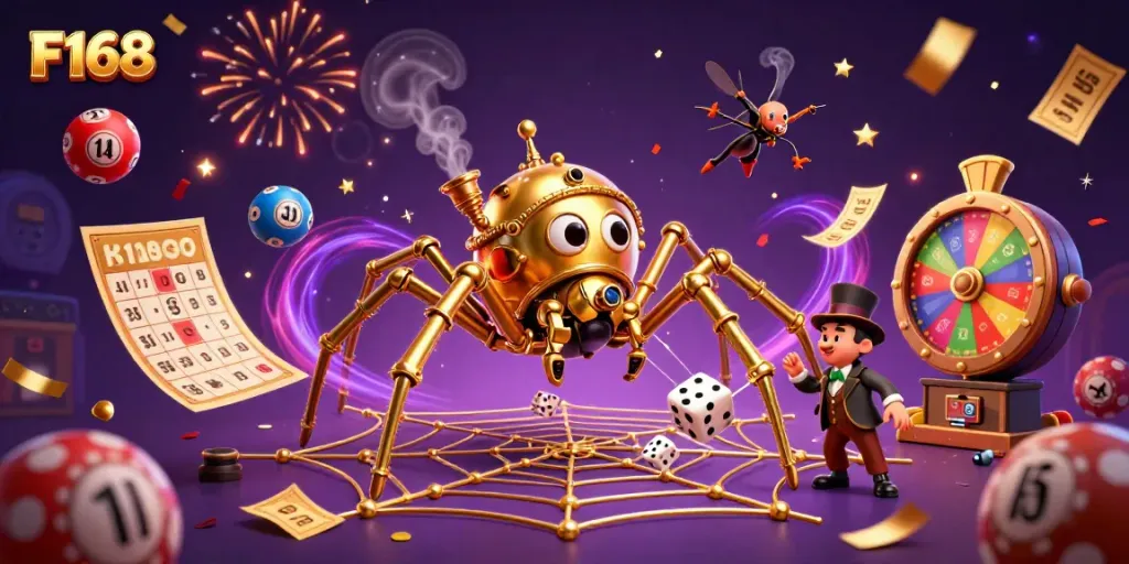 Play and win in F168's lively casino atmosphere, featuring a steampunk golden spider and dynamic lottery elements.