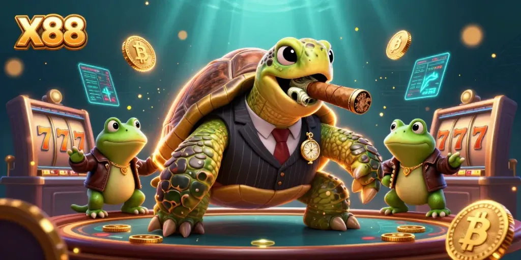 X88 offers an immersive experience with cartoon characters celebrating jackpots amidst glimmering casino elements.