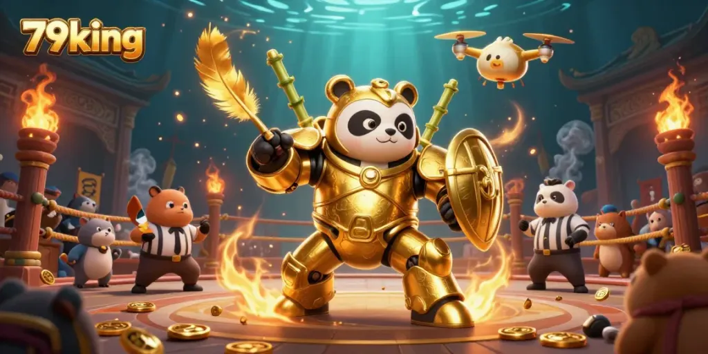79king energizes the gambling experience with a 3D panda in a dynamic casino fight arena illustration.