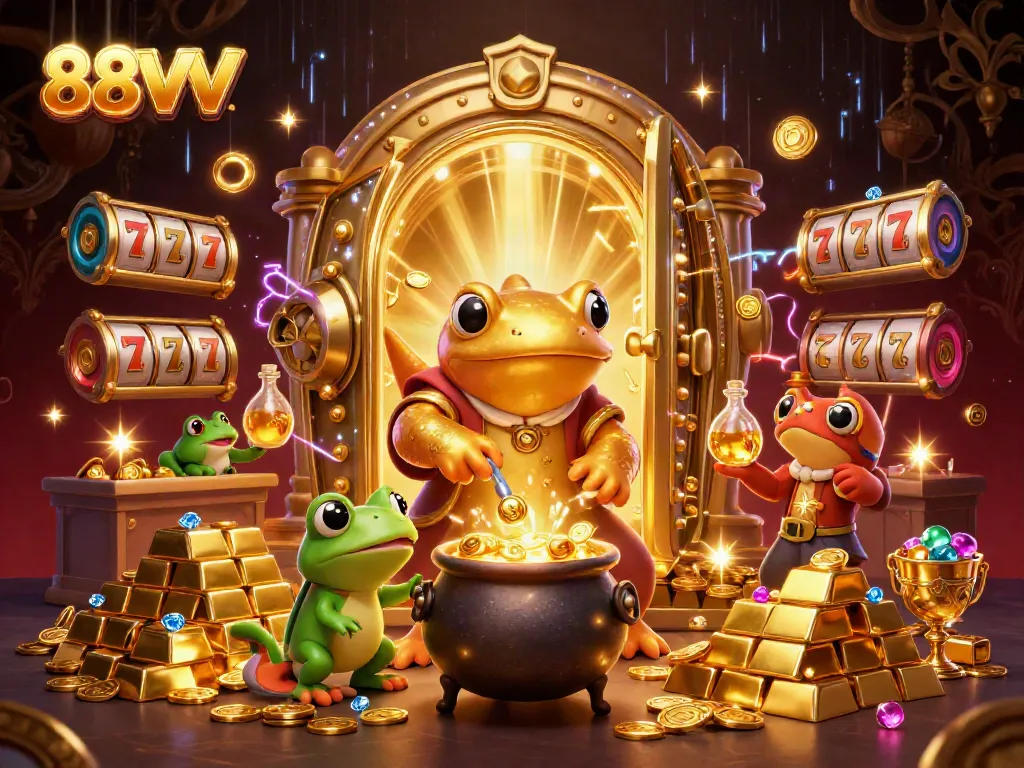 88VV showcases a vibrant 3D scene with a golden salamander alchemist and dynamic casino elements.