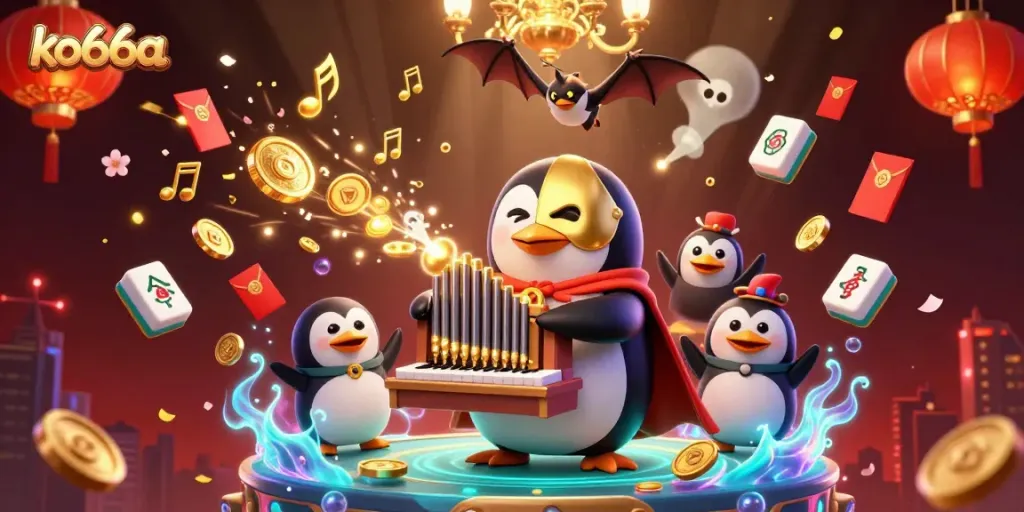 Experience thrilling wins at ko66a with a vibrant scene featuring a penguin organist and gold coins flowing.