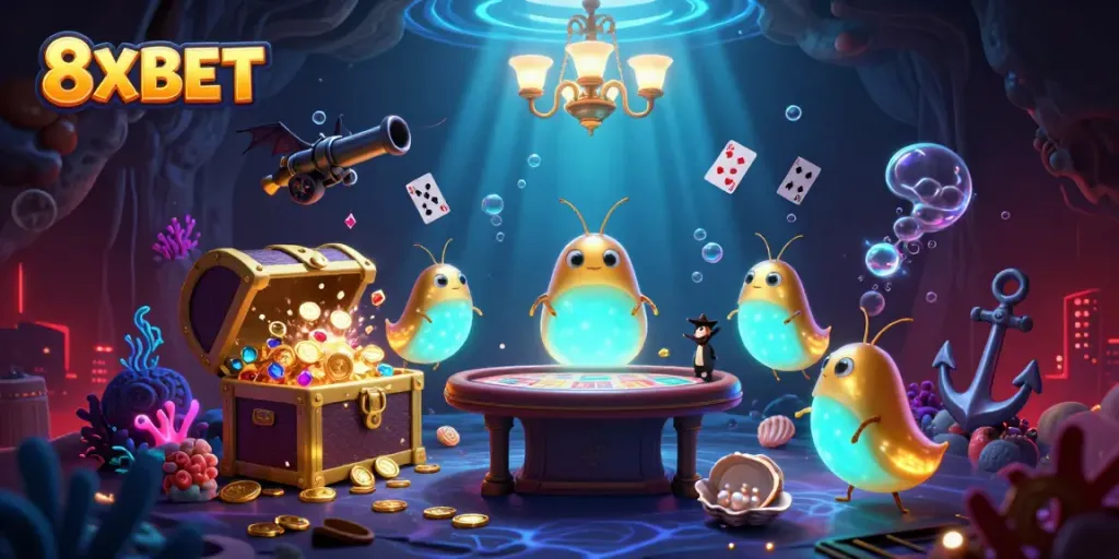 8XBET glowworm team illuminating an underwater casino scene with treasures and a bat dealer.