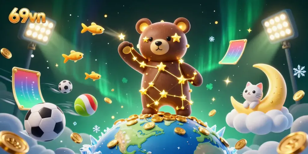 Engage in thrilling casino adventures with 69vn as the constellation bear reaches for coins amidst dynamic gambling elements.