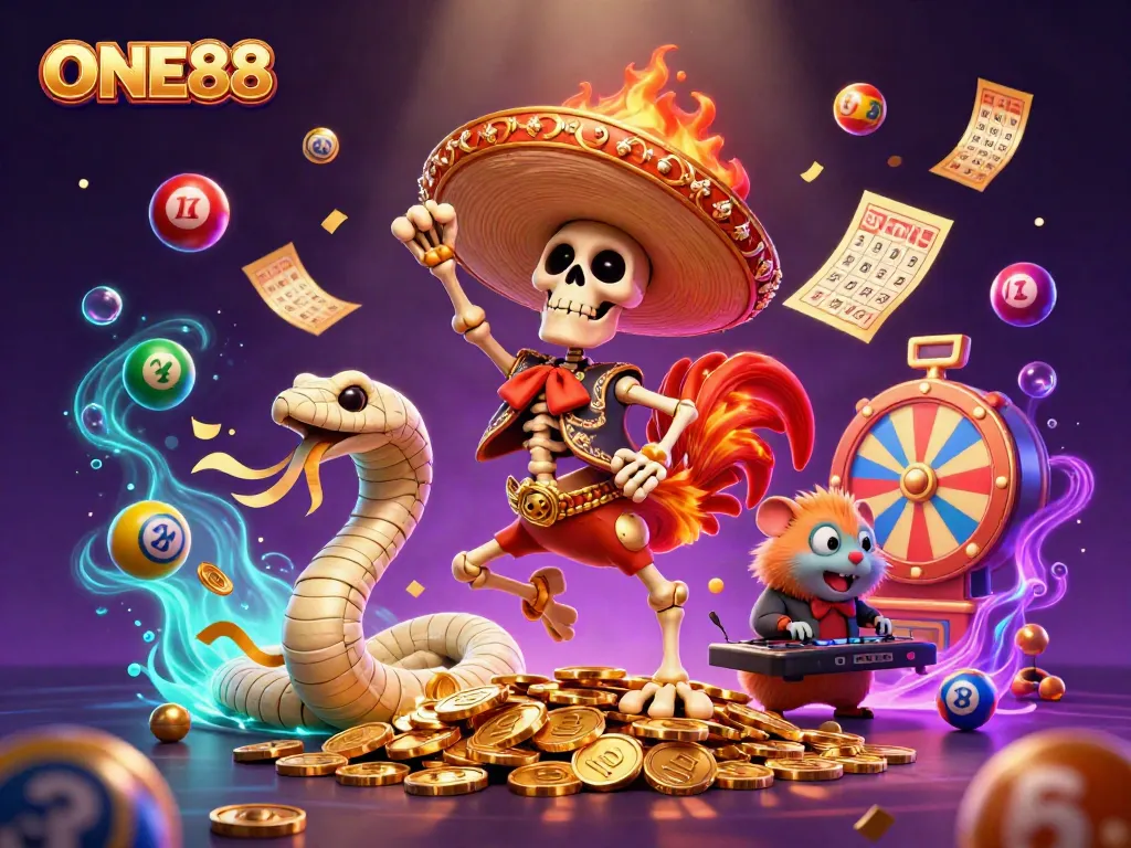 ONE88 celebration illustration with a rooster, mummy snake, and DJ hamster in a casino setting.