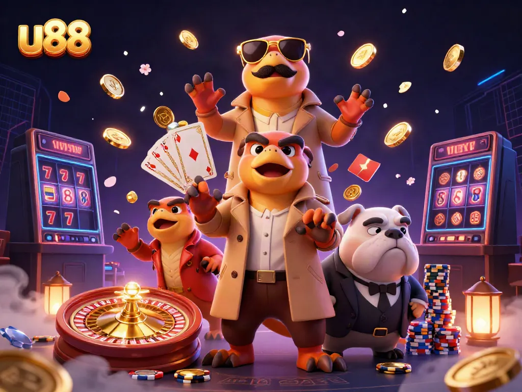 Win big at u88 with playful raptors sneaking into a VIP casino lounge amid golden coins and vibrant game elements.