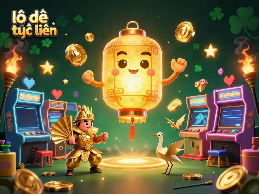 Engaging lô đề trực tuyến scene showcasing a golden lantern spirit surrounded by arcade elements and lucky icons.
