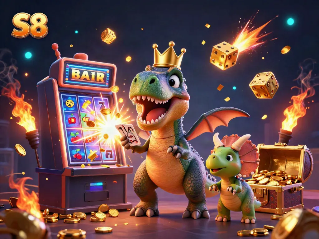 Experience S8's thrilling gaming with a friendly dinosaur card dealer and vibrant casino elements.
