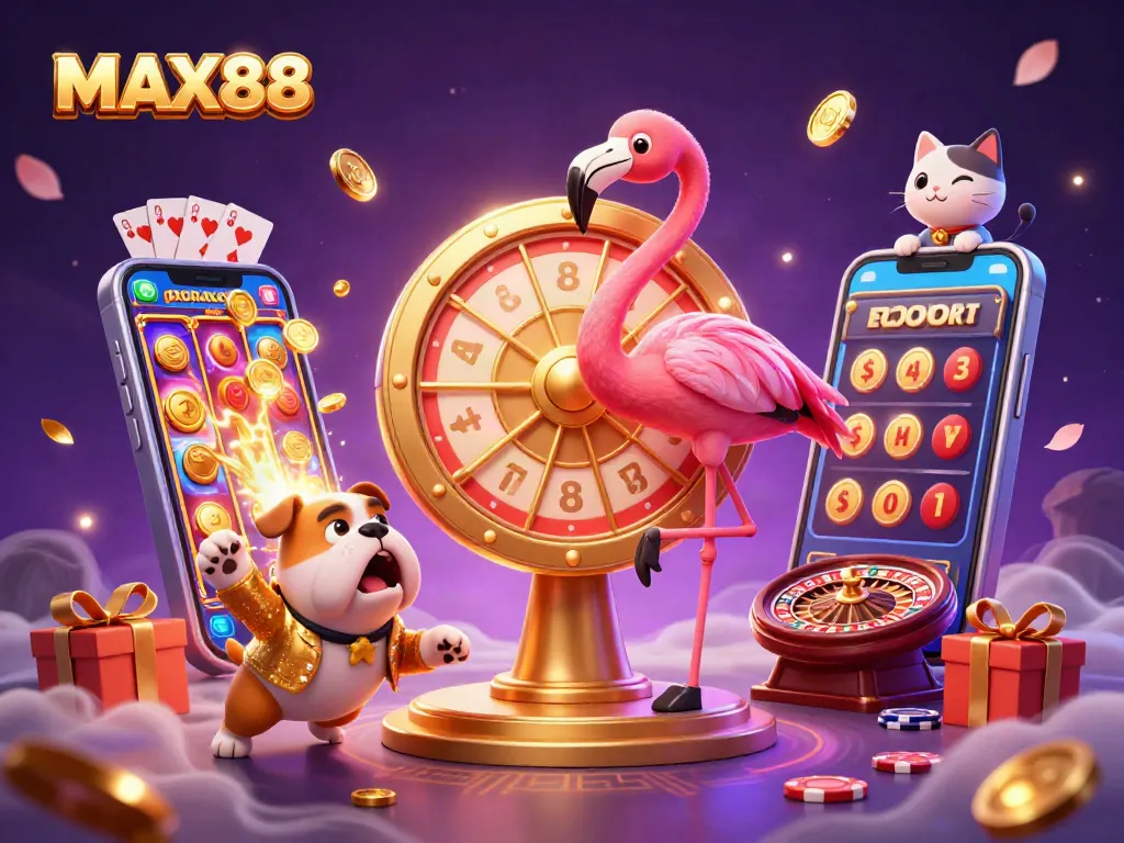 Engage with MAX88's exciting gameplay as a bulldog contestant spins a prize wheel alongside a flamingo host.