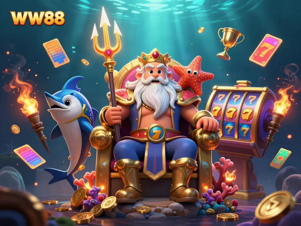 Experience thrilling slots at WW88 with Neptune and his samurai surrounded by golden elements, showcasing casino excitement.