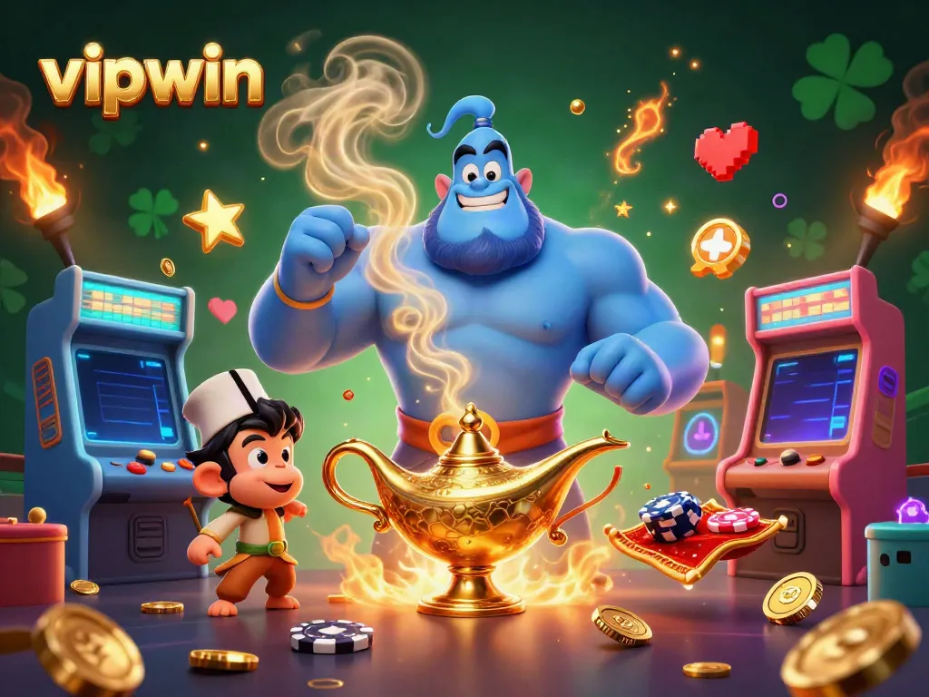 Join the thrill with vipwin as the big blue genie bursts from the lamp in this vibrant casino-themed 3D illustration.