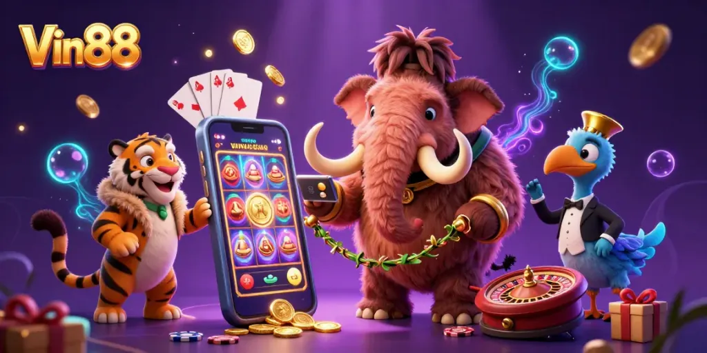 Vin88 welcomes players with a colorful slot game scene featuring a woolly mammoth bouncer and saber-tooth tiger.