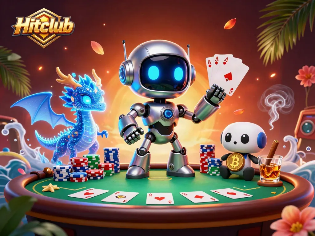 Engage in thrilling card action at Hitclub with a vibrant cyberpunk scene featuring characters and casino elements.