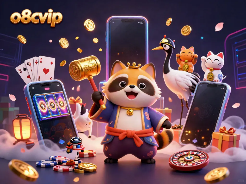 Engage with exciting game action at o8vvip, featuring a cheerful tanuki, lucky symbols, and dynamic gameplay elements.