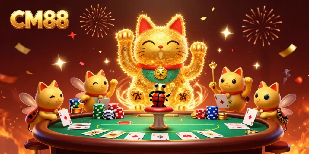 Experience the excitement of CM88 with a 3D lucky cat surrounded by vibrant casino elements.
