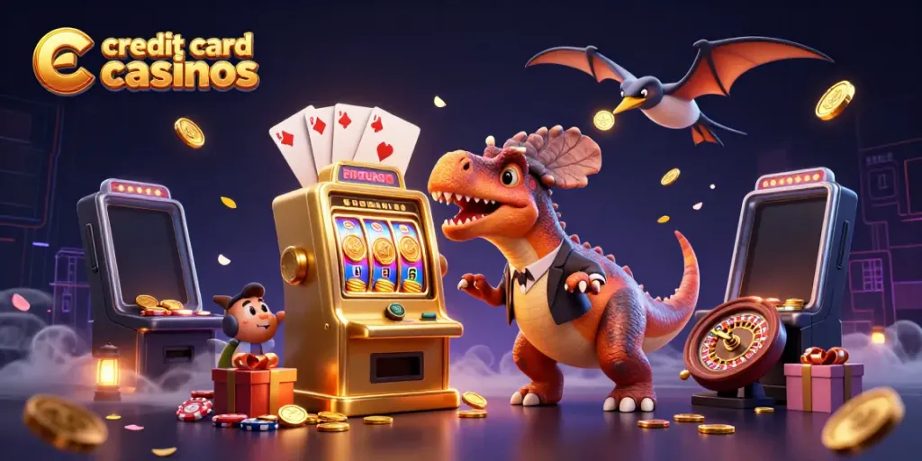 Experience thrilling action at credit card casinos with cartoon dinosaurs celebrating a jackpot
