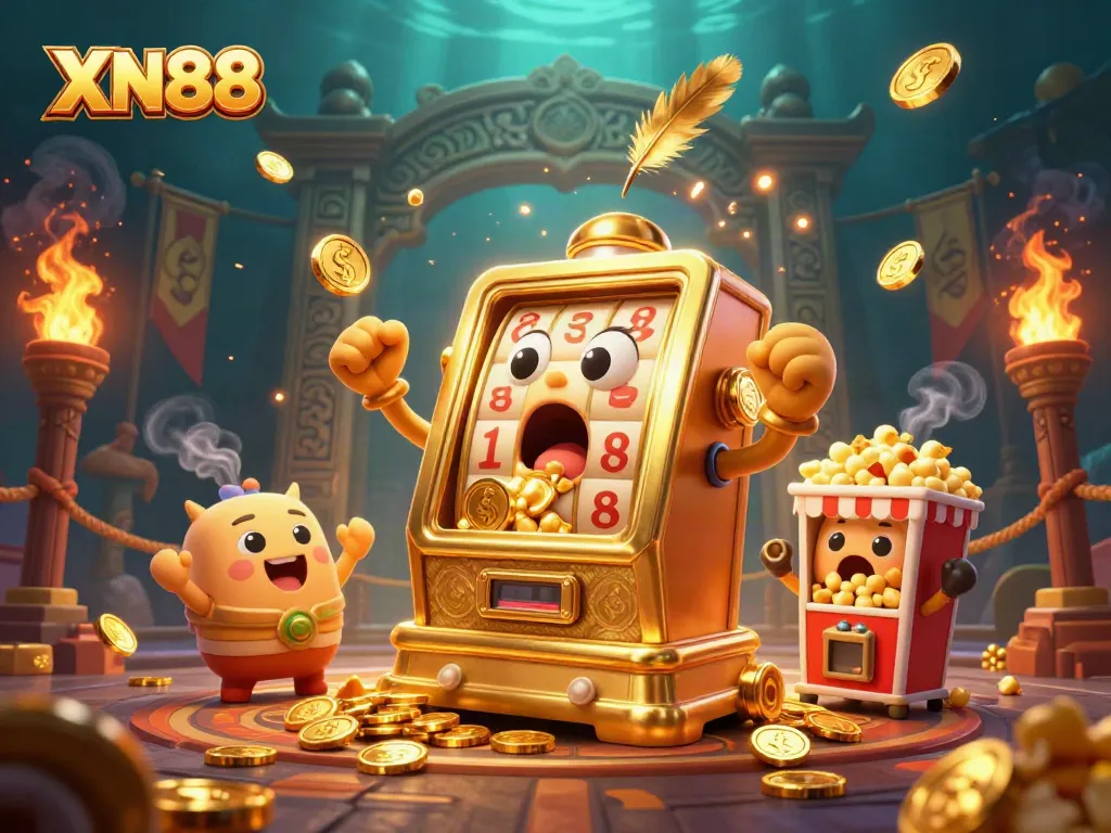 Experience XN88's excitement as the golden slot machine hits the jackpot amid cheers and sparkling coins.