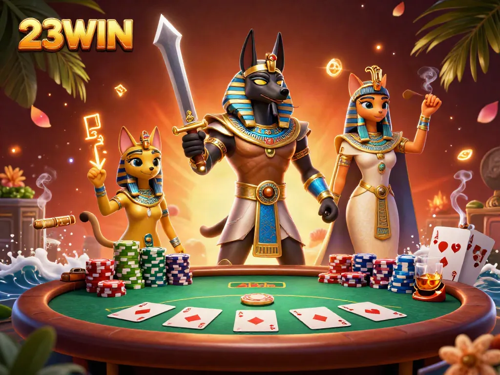 Experience thrilling moments with 23WIN casino, featuring Anubis and Bastet surrounded by poker elements.