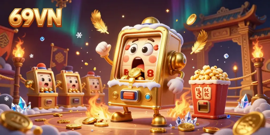 Engagement with the 69VN slots as cartoon machines celebrate a jackpot victory, rich in vibrant casino elements.