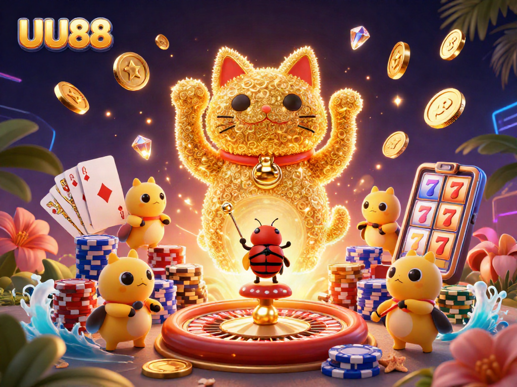 Engage with UU88's lucky cat animation amidst vibrant casino symbols and elements.