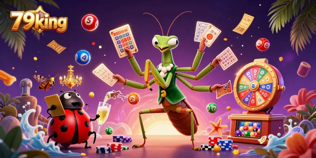 Experience the excitement of 79king with a vibrant scene showcasing card dealing, lottery elements, and a lively casino atmosphere.