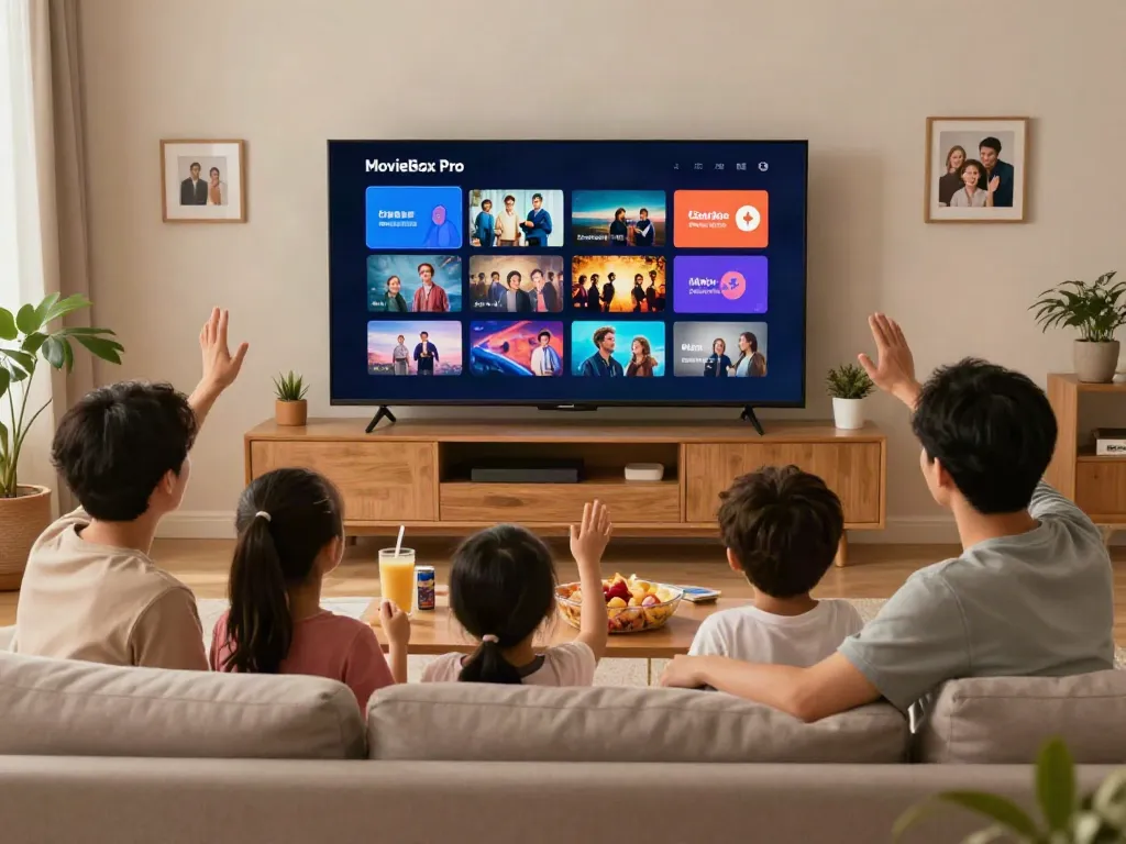 Family enjoying Movies on MovieBox Pro App in cozy living room