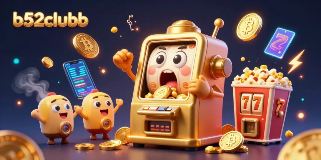 b52clubb's golden slot machine celebrates its jackpot, surrounded by cheerful characters and thrilling gaming elements.