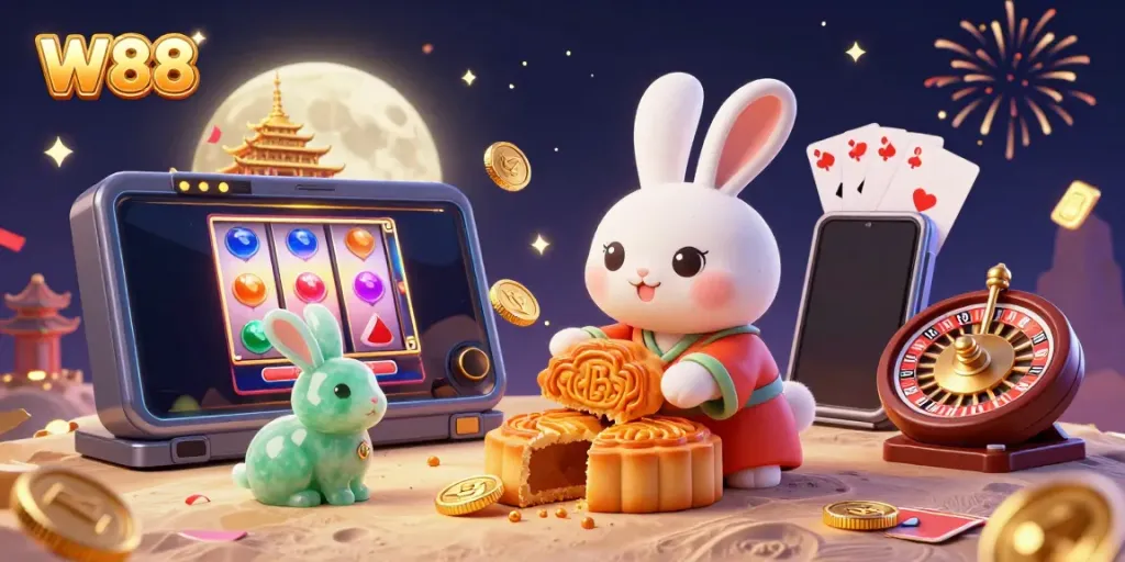Experience the thrill of W88 with a whimsical moon rabbit scene featuring golden mooncakes and lively casino elements.