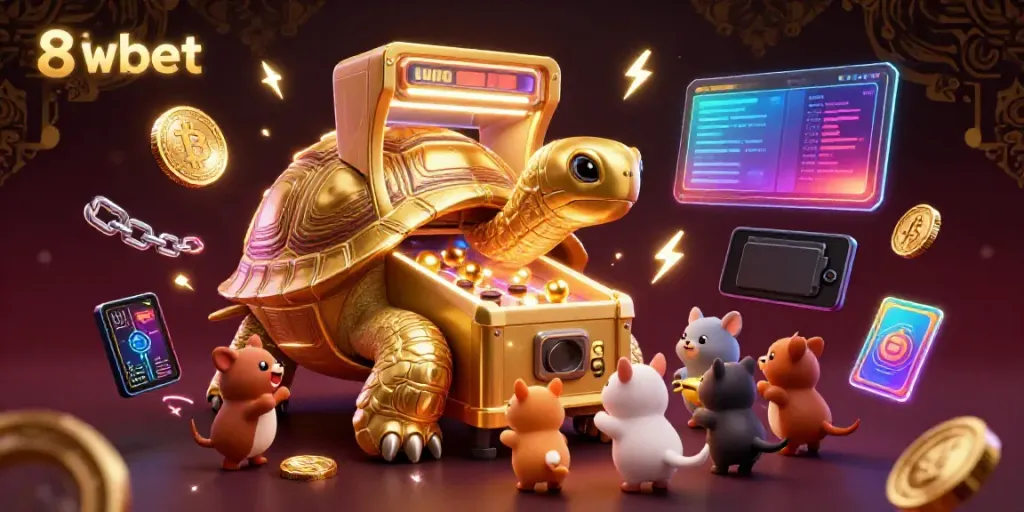 Engage with 8xbet's lively gaming atmosphere illustrated by a fun pinball tortoise and crypto-themed elements.