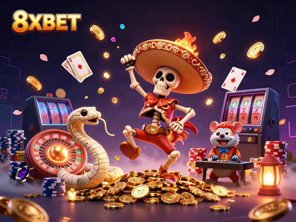 Experience thrilling wins at 8XBET with an exciting 3D illustration of gambling elements and characters.