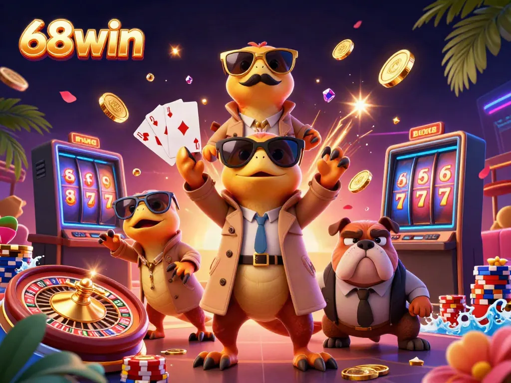 Exciting scene of raptors in a trench coat sneaking into a casino lounge, incorporating 68win branding.